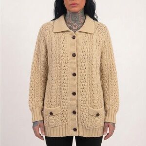 Vintage Wool Chunky Cable Knit Fisherman Cardigan Sweater